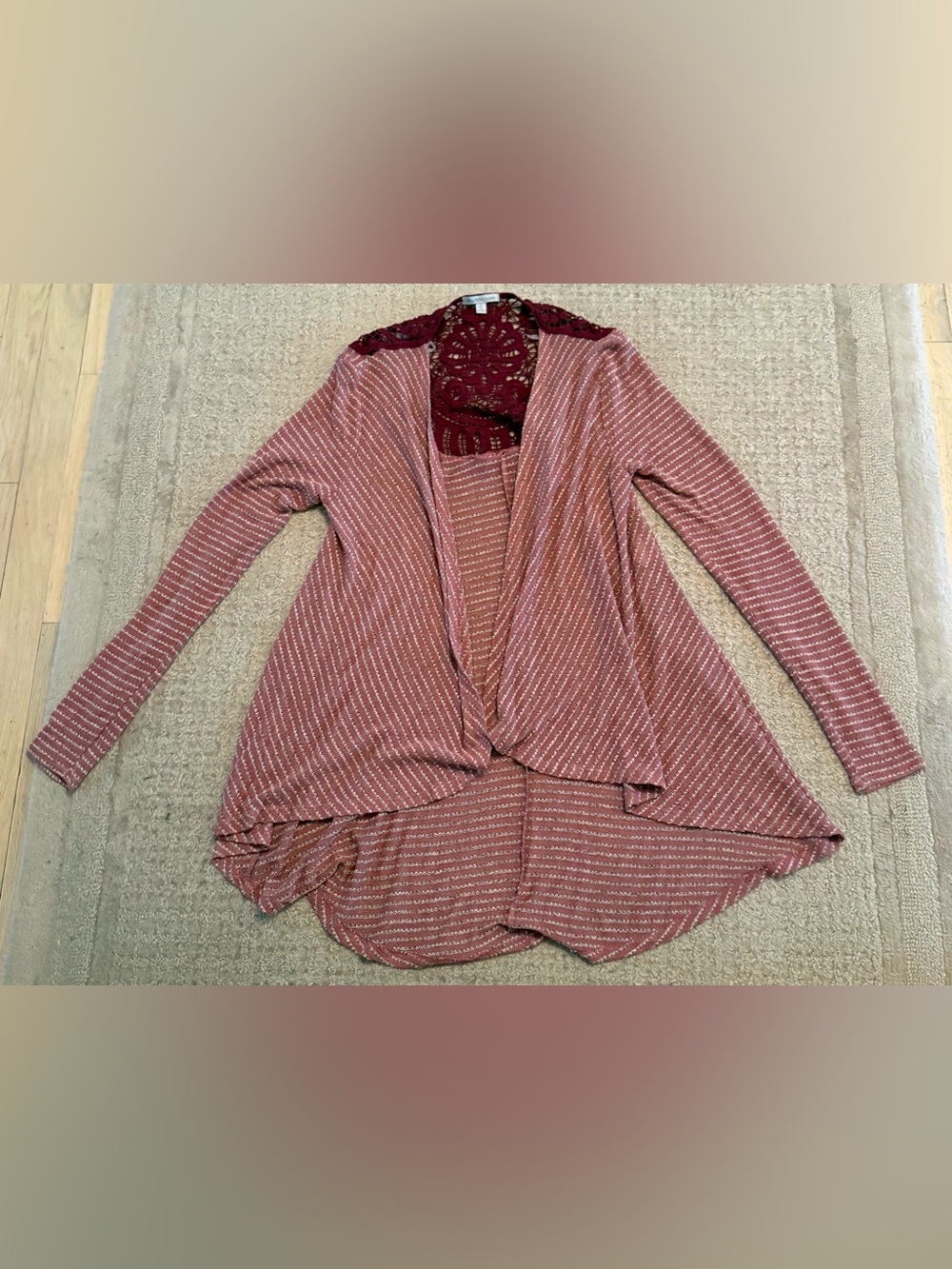 Charlotte Russe Cardigan Small Pink Burgundy Crochet Lace Open Front Boho Top